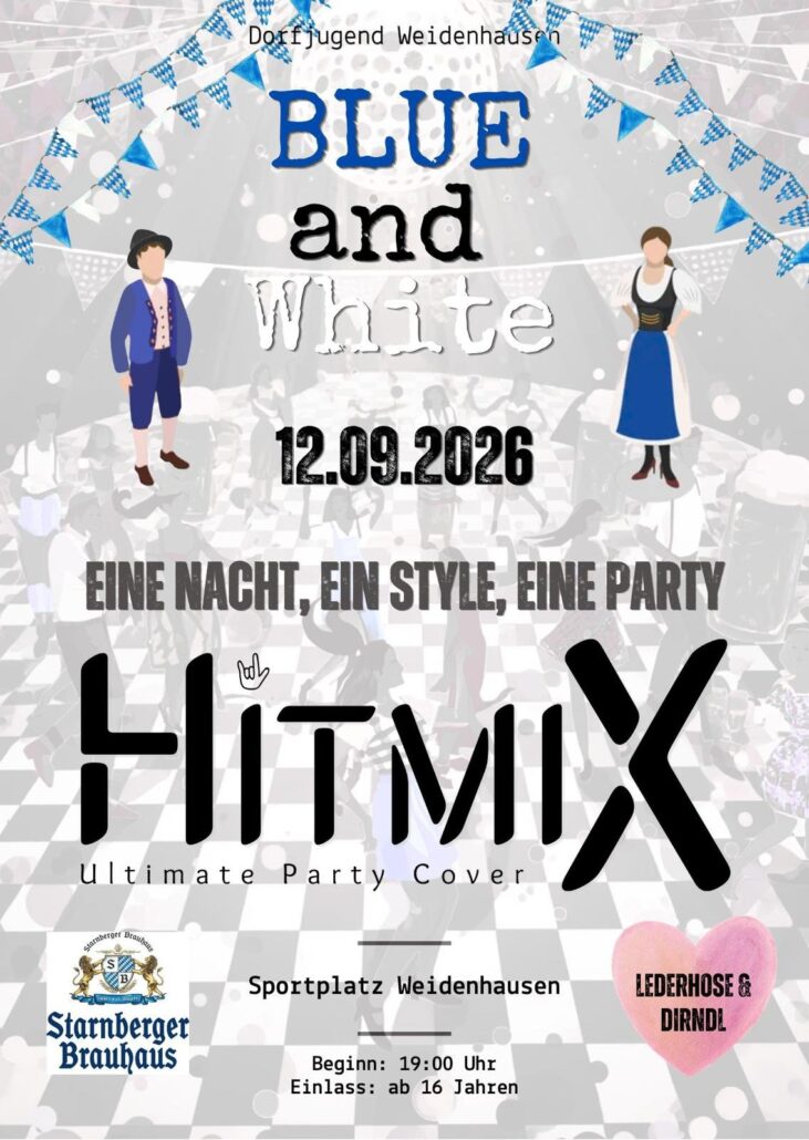 Plakat „Blue and White“ der Dorfjugend Weidenhausen am 12.09.2026