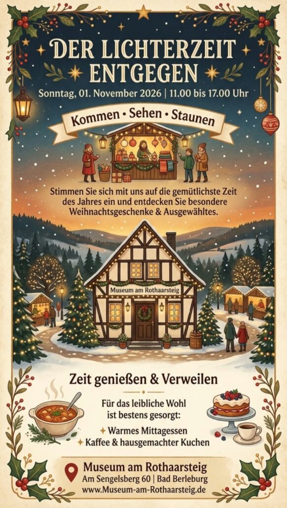 Plakat „Der Lichterzeit entgegen“ am Sonntag, 01.11.2026, 11 bis 17 Uhr im Museum am Rothaarsteig, Am Sengelsberg 60, Bad Berleburg